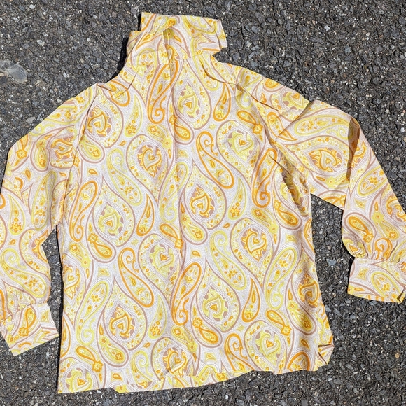 Vintage 1970s Orange Yellow Paisley Silky Pussycat Bow Button Down Shirt L Retro - Picture 4 of 4